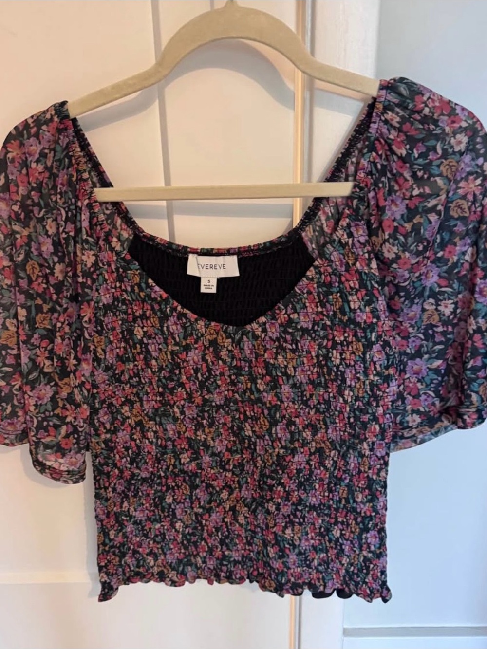 Floral Smocked black and Pink Short Sleeve Top